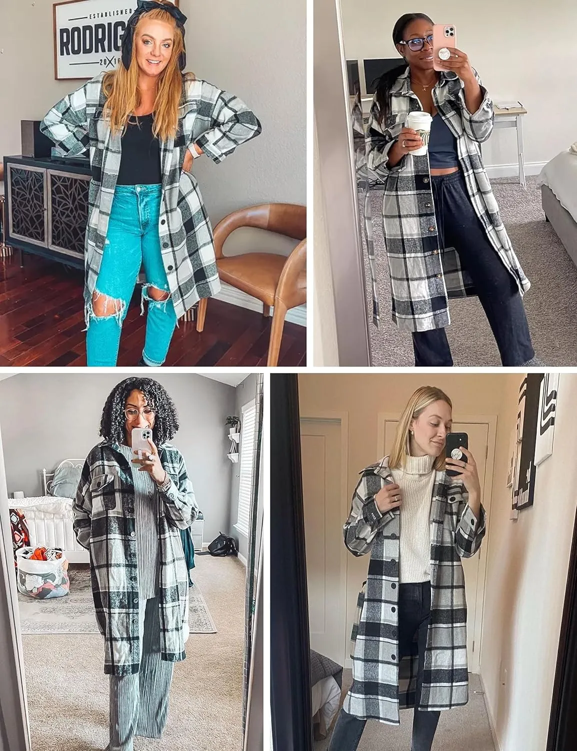Himosyber Women's Casual Plaid Lapel Woolen Button Up Pocketed Long Shacket Coat