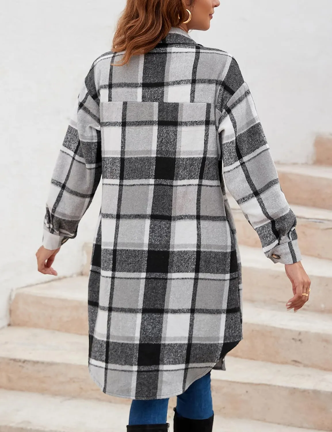 Himosyber Women's Casual Plaid Lapel Woolen Button Up Pocketed Long Shacket Coat