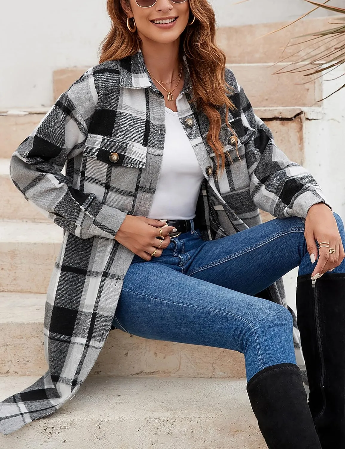 Himosyber Women's Casual Plaid Lapel Woolen Button Up Pocketed Long Shacket Coat