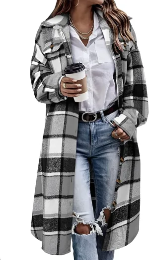 Himosyber Women's Casual Plaid Lapel Woolen Button Up Pocketed Long Shacket Coat