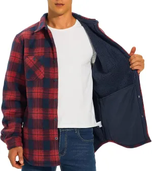 HODOSPORTS Plaid Heavyweight Mens Flannel Jacket Sherpa Lined Thick Fleece Flannel Shirts Long Sleeve Bottom Down
