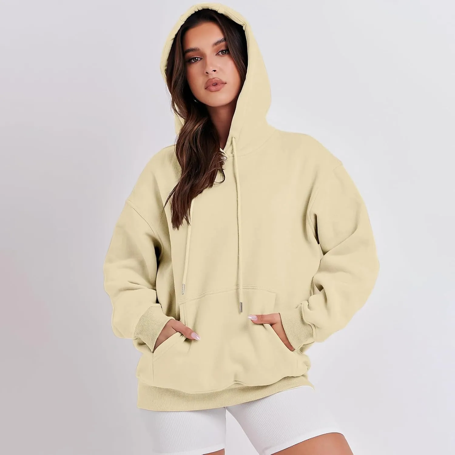 Hoodies for Women Oversized Solid Color Long Sleeve Hooded Sweater Basic Pullover Sweatshirts with Pocket