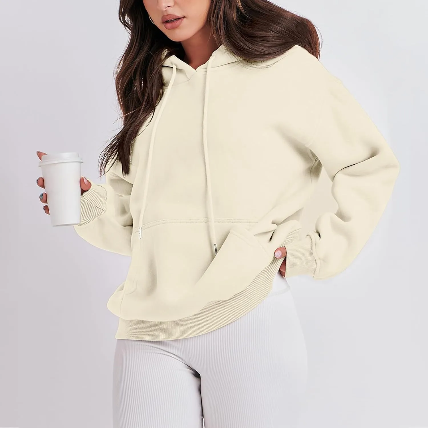 Hoodies for Women Oversized Solid Color Long Sleeve Hooded Sweater Basic Pullover Sweatshirts with Pocket
