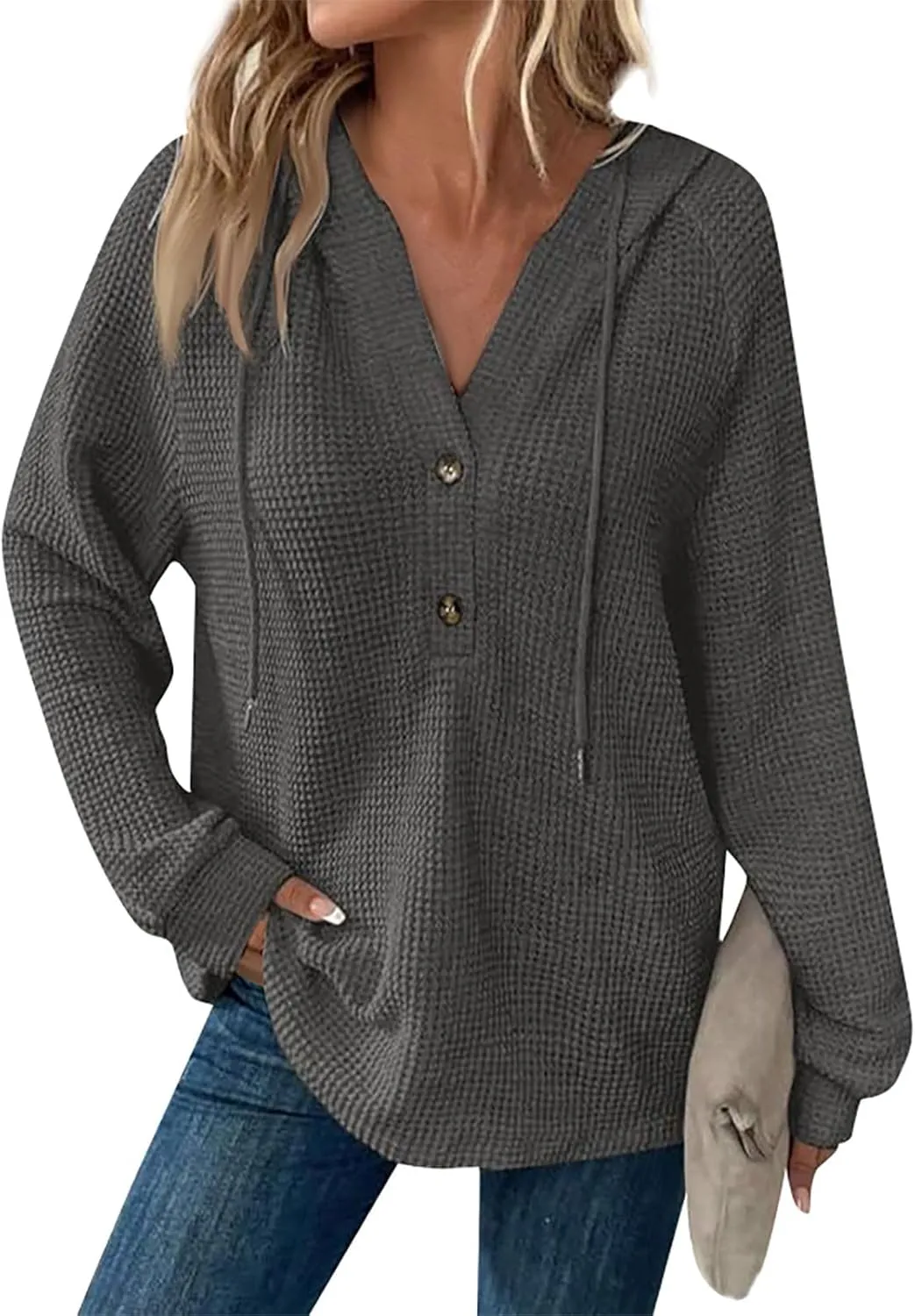 Hoodies for Women Waffle Knit Button V Neck Oversized Sweatshirt Fall Long Sleeve Drawstring Hooded Pullover Sweater