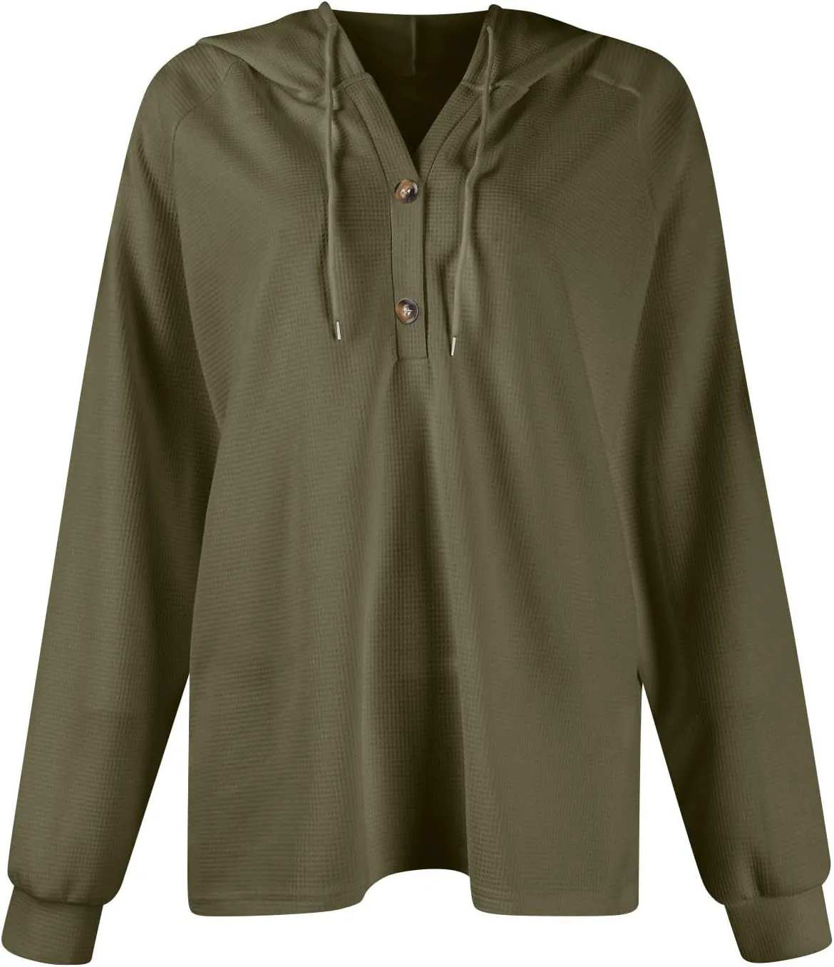Hoodies for Women Waffle Knit Button V Neck Oversized Sweatshirt Fall Long Sleeve Drawstring Hooded Pullover Sweater