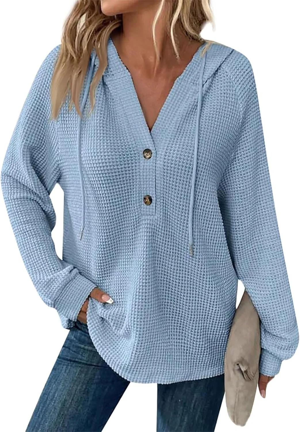 Hoodies for Women Waffle Knit Button V Neck Oversized Sweatshirt Fall Long Sleeve Drawstring Hooded Pullover Sweater