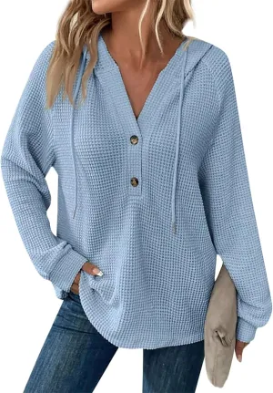 Hoodies for Women Waffle Knit Button V Neck Oversized Sweatshirt Fall Long Sleeve Drawstring Hooded Pullover Sweater