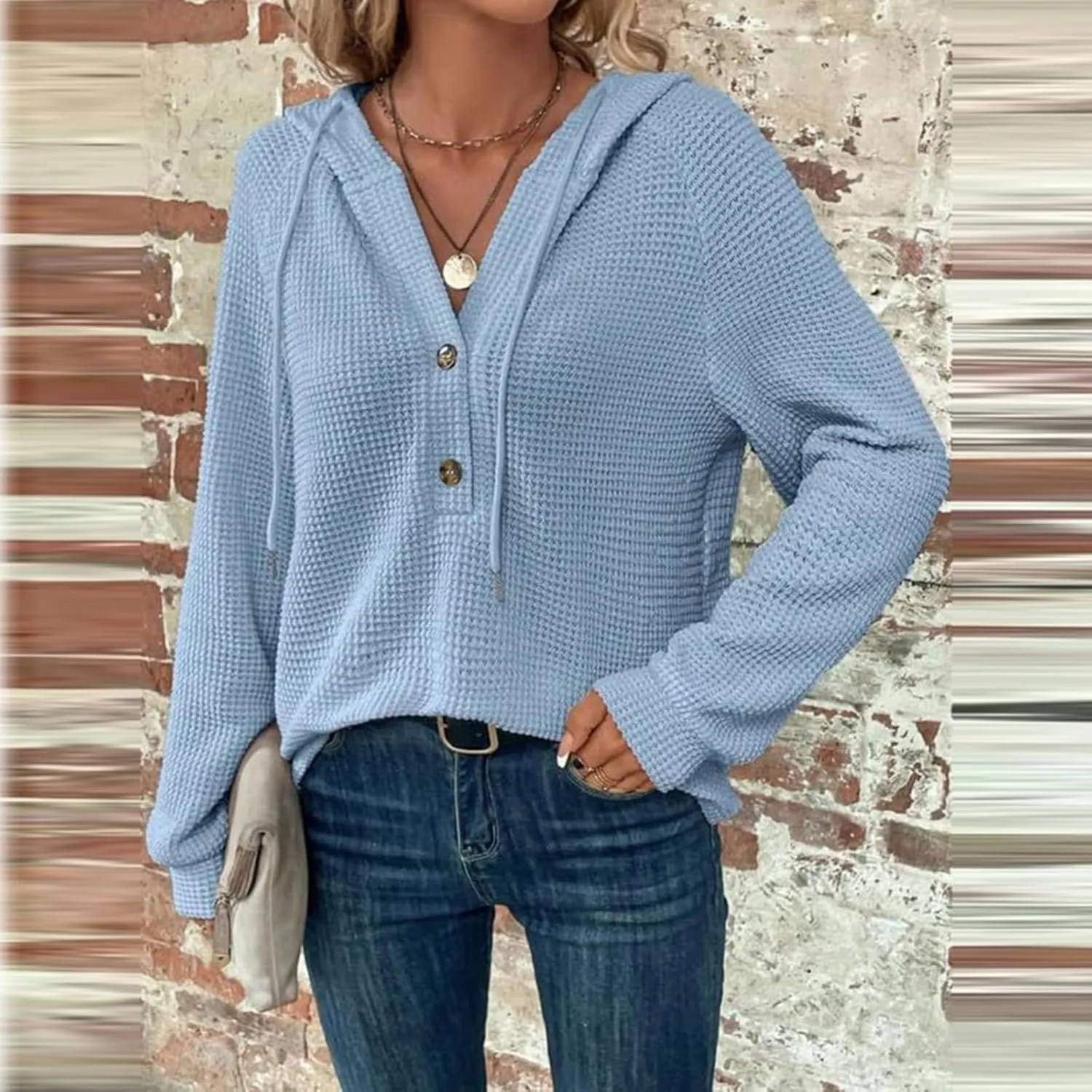 Hoodies for Women Waffle Knit Button V Neck Oversized Sweatshirt Fall Long Sleeve Drawstring Hooded Pullover Sweater