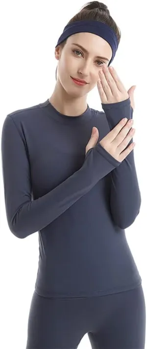 HSQMA Yoga Shirt for Women,Long Sleeve Workout Shirts,Elastic Quick Dry Small Stand Collar Long Sleeve Thumb Hole T-Shirt (Color : Blue/, Size : L/)