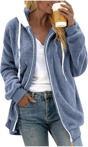 HXHYQKP Womens Fleece Zip Up Jacket Winter Coats Plus Size Jacket Hoodies Plush Warm Fuzzy Coat with Pockets