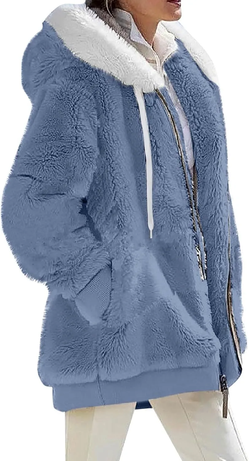 HXHYQKP Womens Fleece Zip Up Jacket Winter Coats Plus Size Jacket Hoodies Plush Warm Fuzzy Coat with Pockets