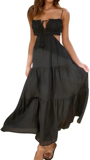 IDOPIP Women Summer Cutout Boho Dress Sleeveless Spaghetti Straps Maxi Dress Sexy Backless Side Cut Tie Front Flowy Sundress