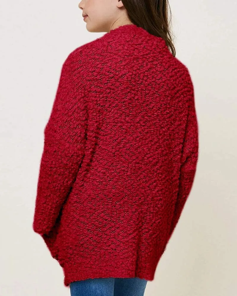 Imily Bela Girls Cardigan Open Front Popcorn Knit Long Sleeve Sweaters Coat with Pockets