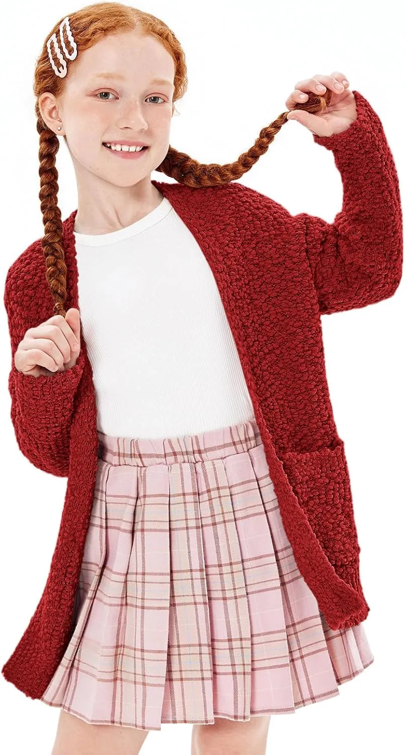 Imily Bela Girls Cardigan Open Front Popcorn Knit Long Sleeve Sweaters Coat with Pockets