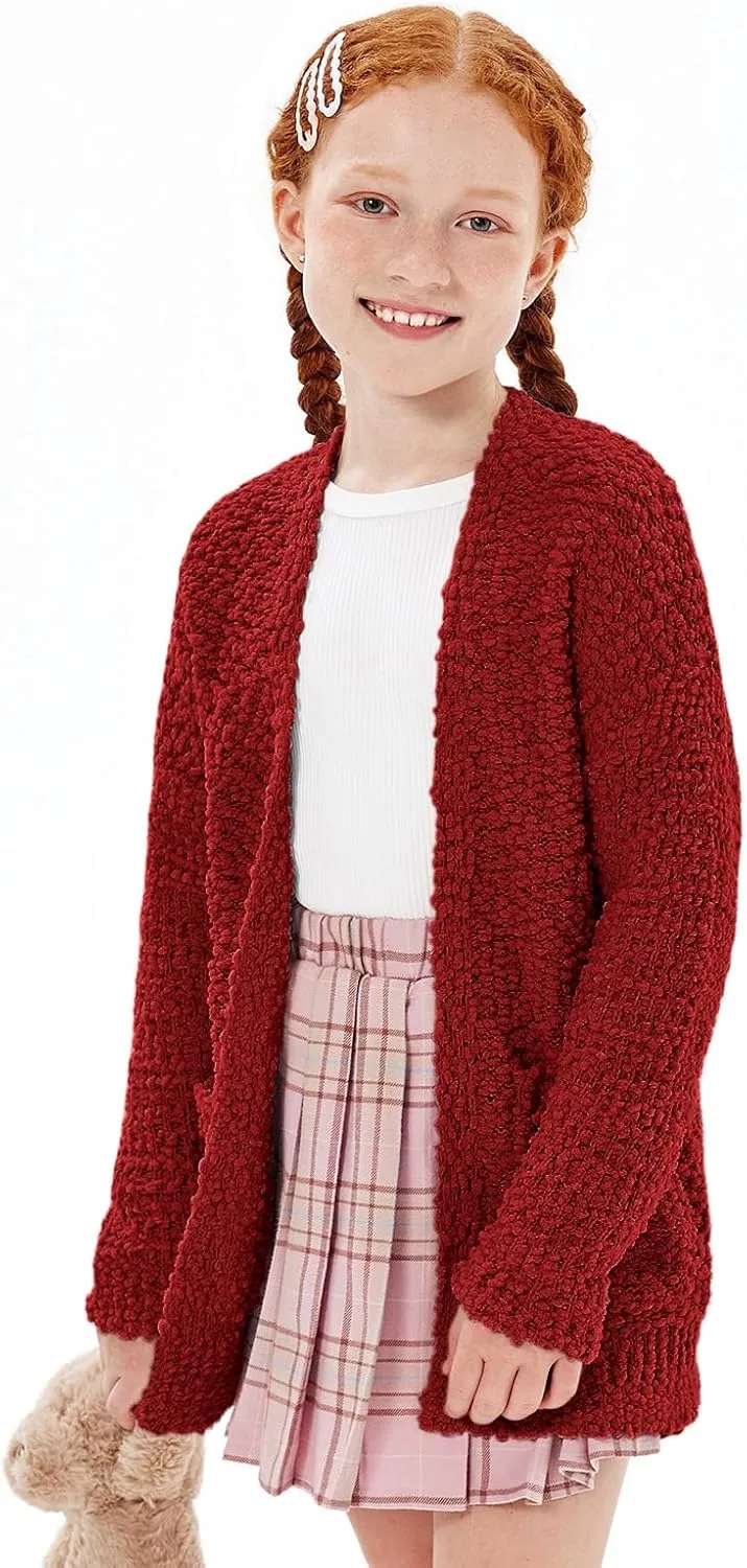 Imily Bela Girls Cardigan Open Front Popcorn Knit Long Sleeve Sweaters Coat with Pockets