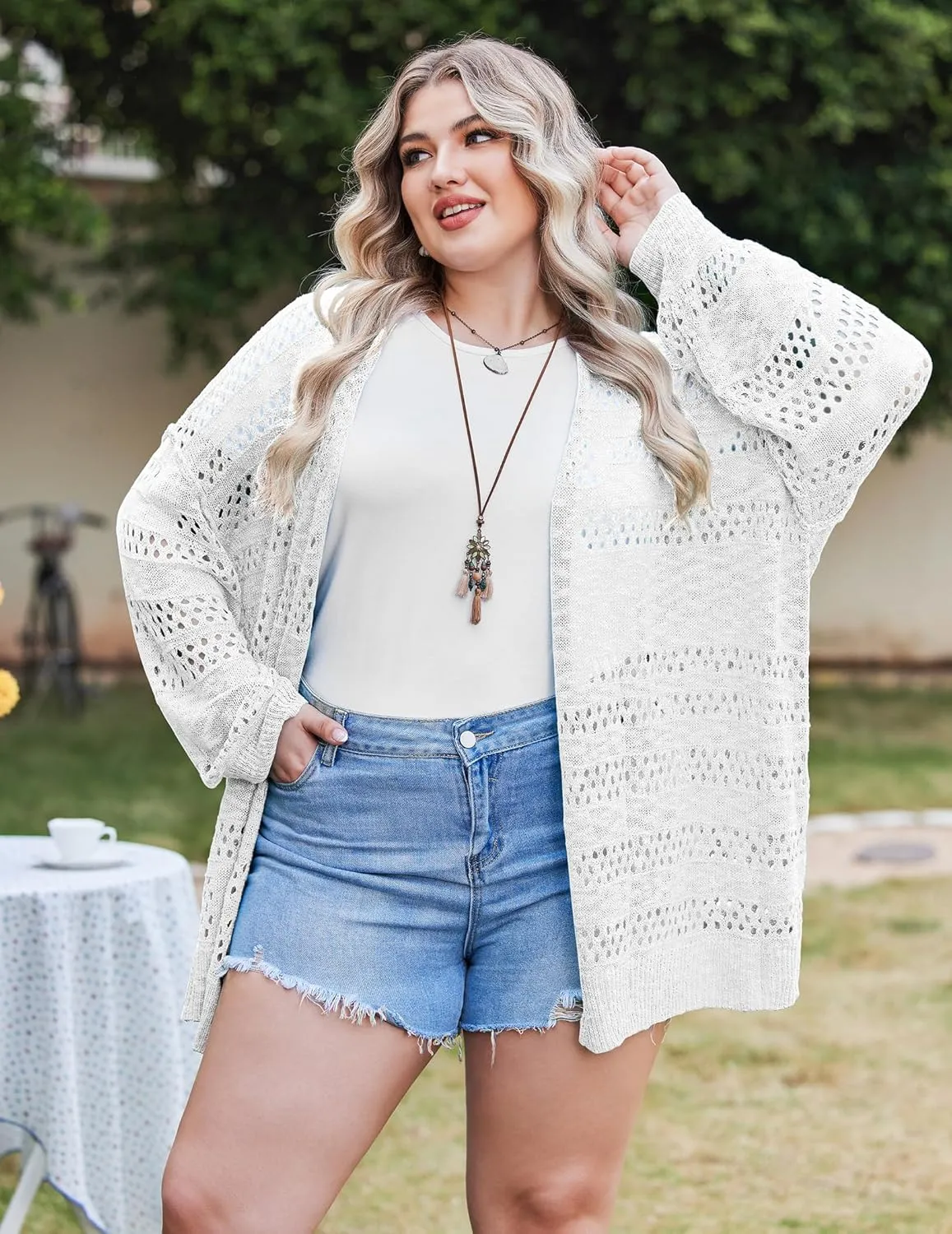 IN'VOLAND Womens Plus Size Crochet Cardigan Kimonos Boho Long Sleeve Oversized Summer Open Front Knitted Sweater