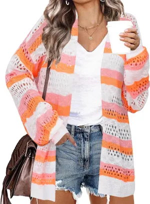 IN'VOLAND Womens Plus Size Crochet Cardigan Kimonos Boho Long Sleeve Oversized Summer Open Front Knitted Sweater