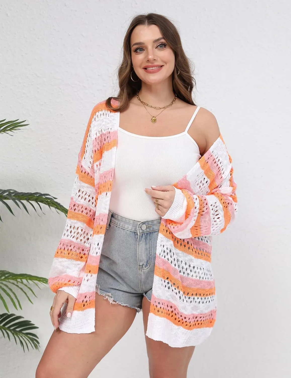 IN'VOLAND Womens Plus Size Crochet Cardigan Kimonos Boho Long Sleeve Oversized Summer Open Front Knitted Sweater