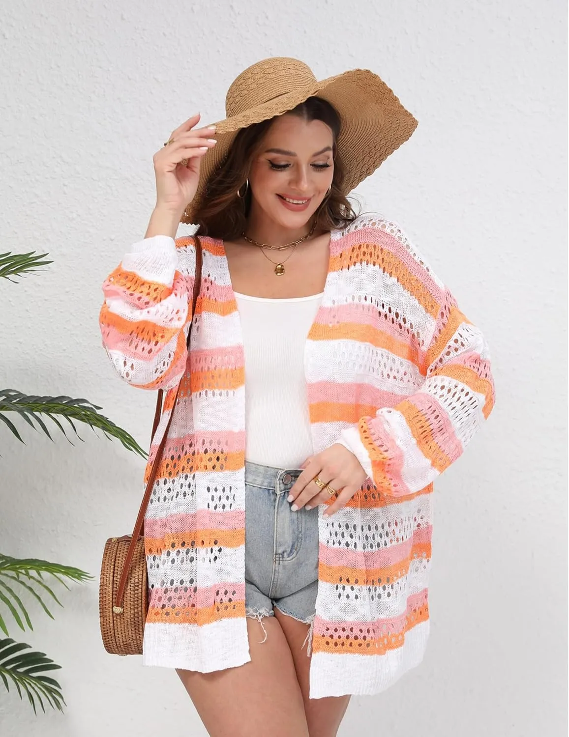 IN'VOLAND Womens Plus Size Crochet Cardigan Kimonos Boho Long Sleeve Oversized Summer Open Front Knitted Sweater