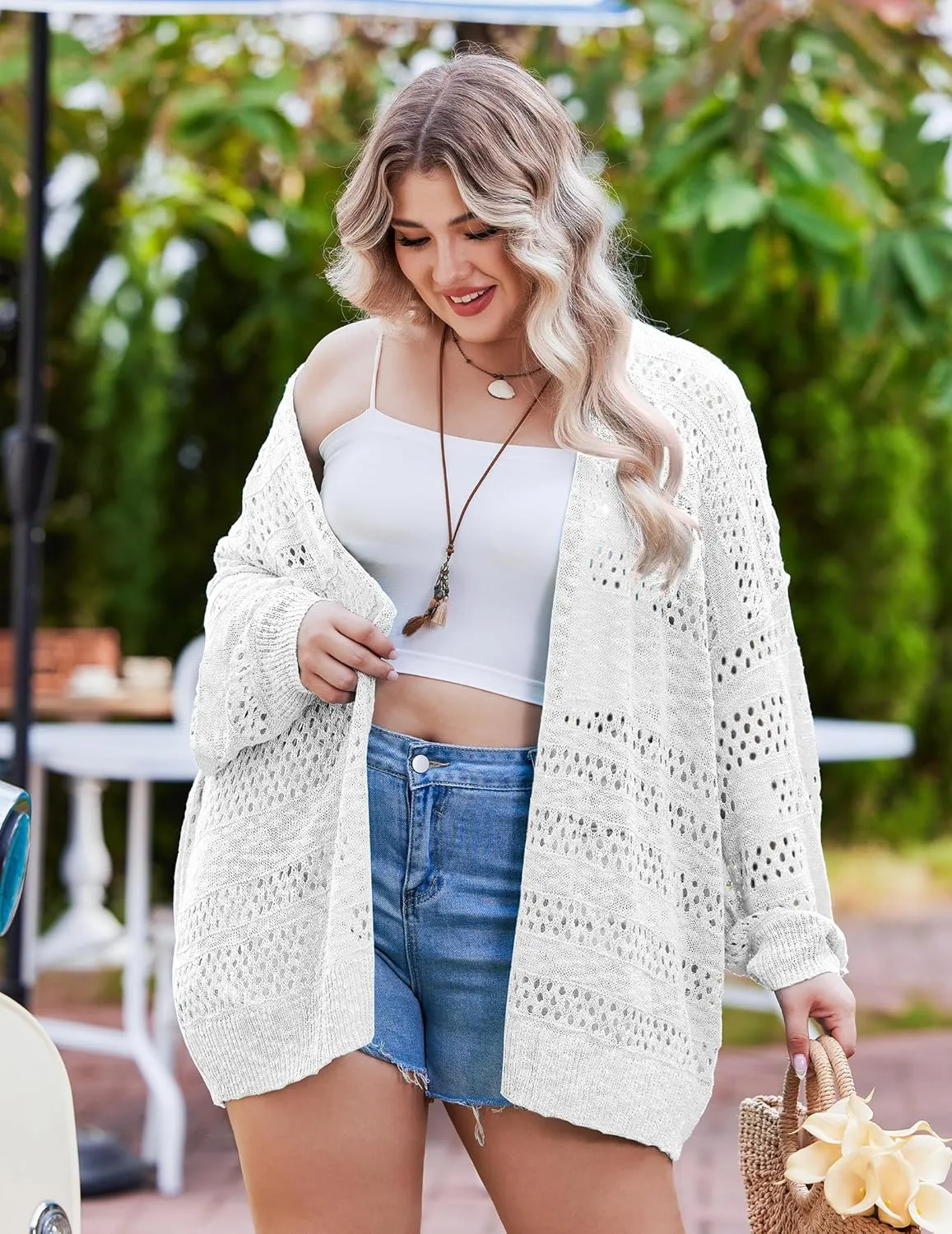 IN'VOLAND Womens Plus Size Crochet Cardigan Kimonos Boho Long Sleeve Oversized Summer Open Front Knitted Sweater
