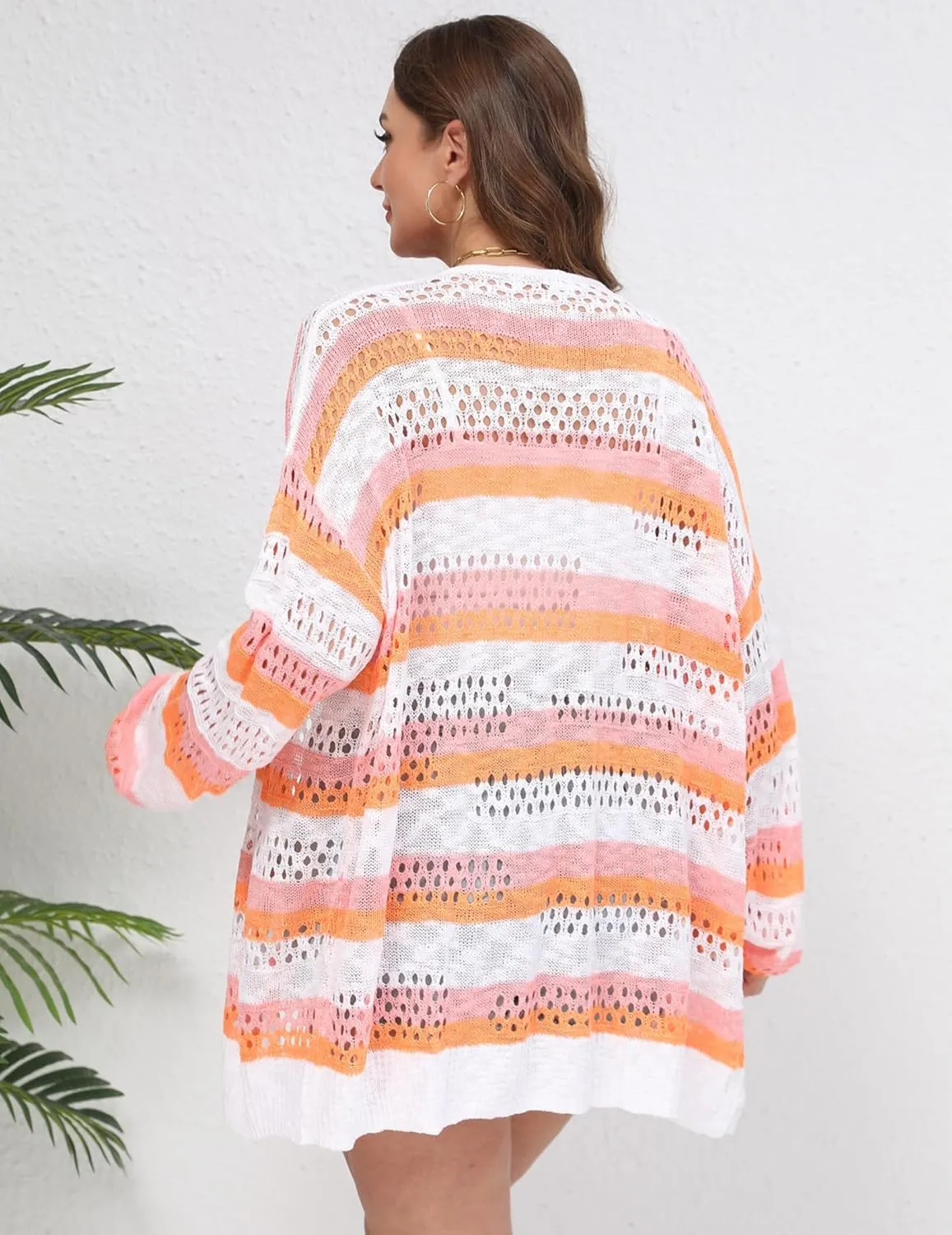 IN'VOLAND Womens Plus Size Crochet Cardigan Kimonos Boho Long Sleeve Oversized Summer Open Front Knitted Sweater