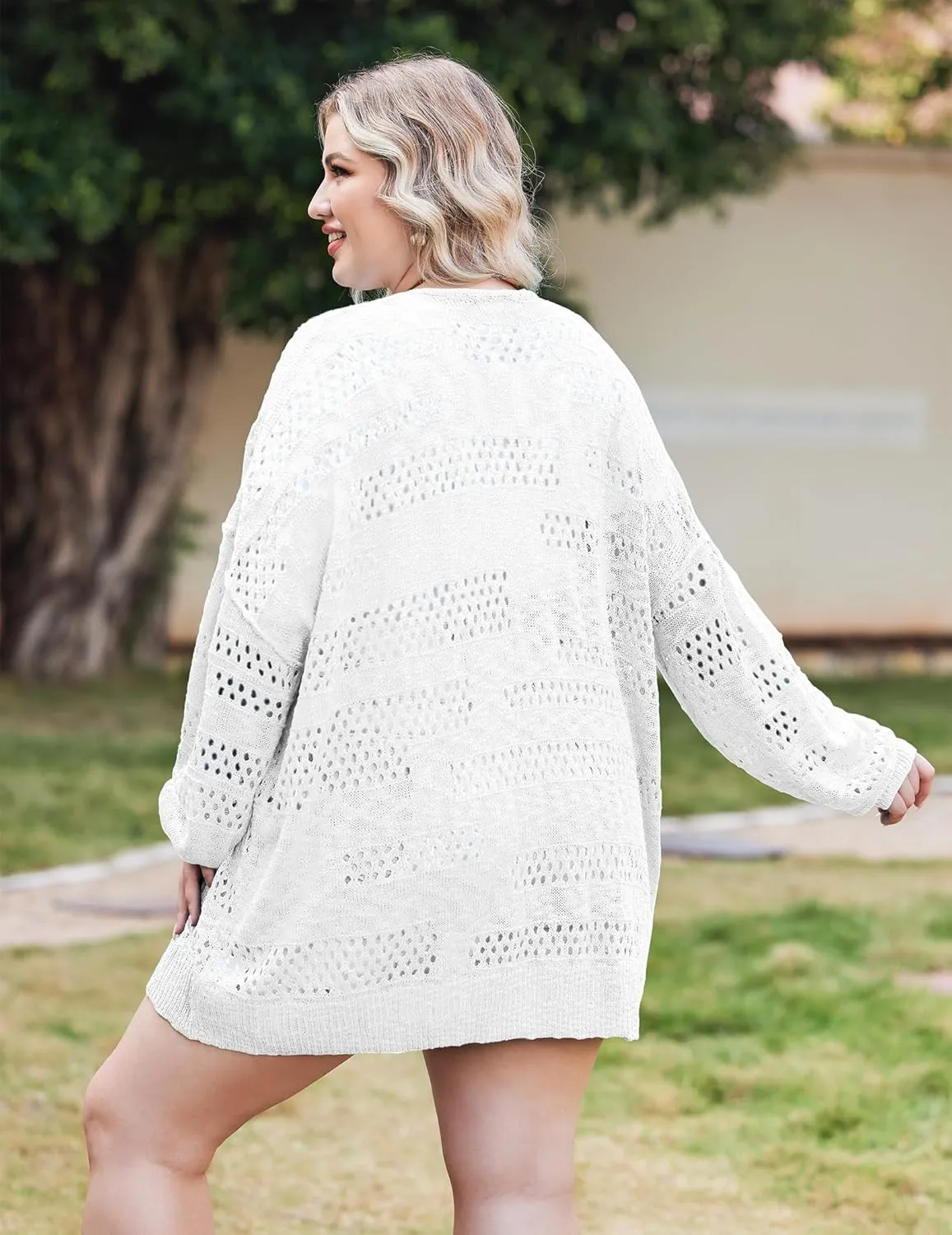 IN'VOLAND Womens Plus Size Crochet Cardigan Kimonos Boho Long Sleeve Oversized Summer Open Front Knitted Sweater