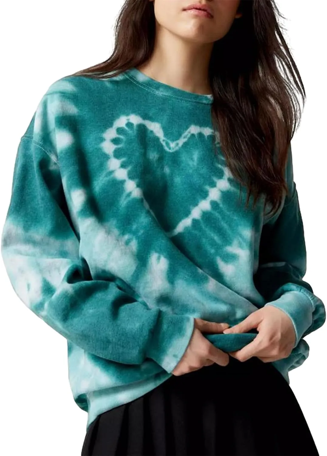 iTranyee Women Casual Tie Dye Pullover Sweatshirt Long Sleeve Crewneck Heart Print Oversized Hoodie 90s Vintage Streetwear