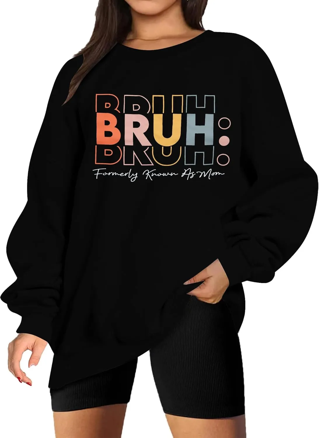 JINTING Oversized Mom Sweatshirts for Women Bruh Mom Hoodie Funny Mama Letter Print Pullover Casual Long Sleeve Tops