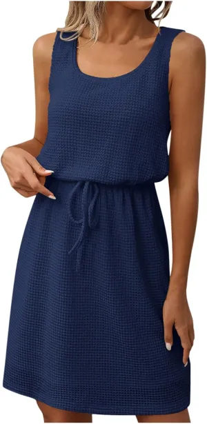 JOAU Women Summer Sleeveless Tank Dress Scoop Neck Elastic Drawstring Waist Knee Length Dresses A-Line Casual Beach Sundress