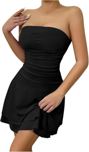 JOAU Women's 2025 Summer Strapless Tube Mini Dress Off Shoulder Smocked Layered Ruffle A Line Flowy Short Party Club Dresses