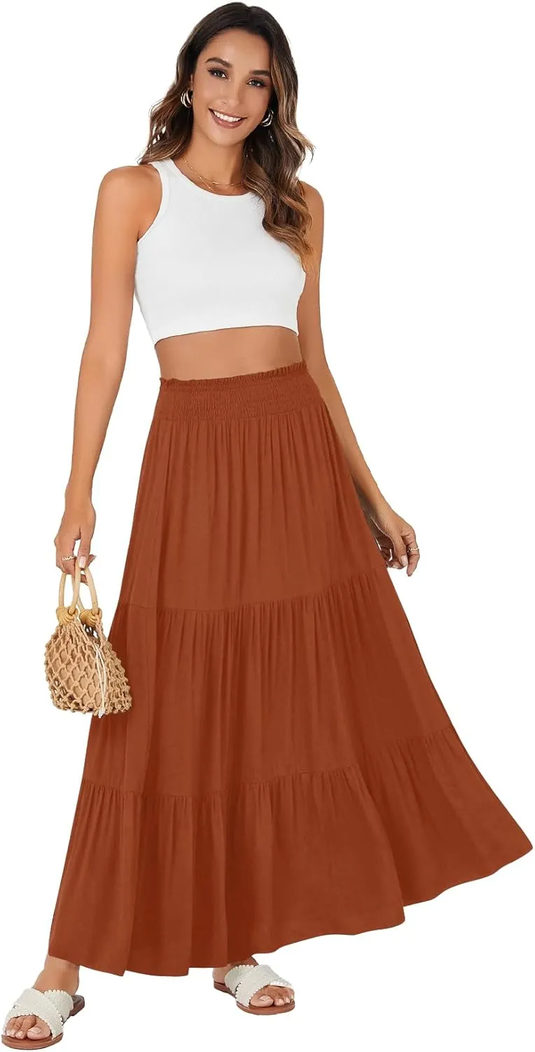 KIFOVEN Womens Maxi Skirt Summer Elastic High Waist A-Line Long Skirt Flowy Tiered Ruffle Casual Boho Midi Skirt