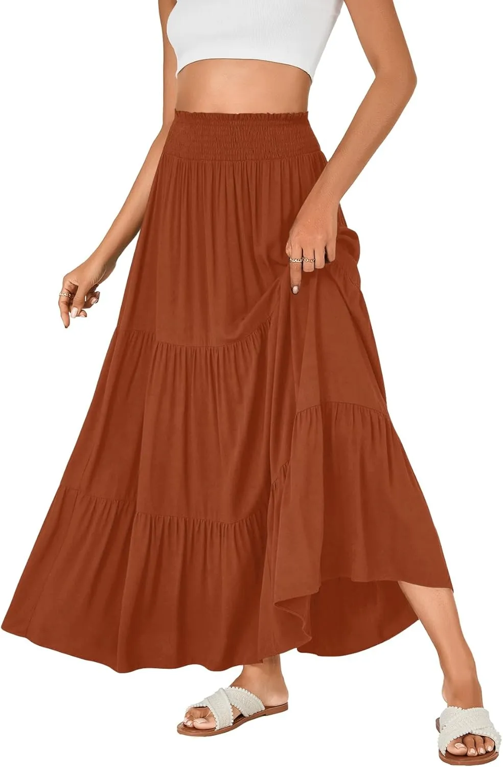 KIFOVEN Womens Maxi Skirt Summer Elastic High Waist A-Line Long Skirt Flowy Tiered Ruffle Casual Boho Midi Skirt