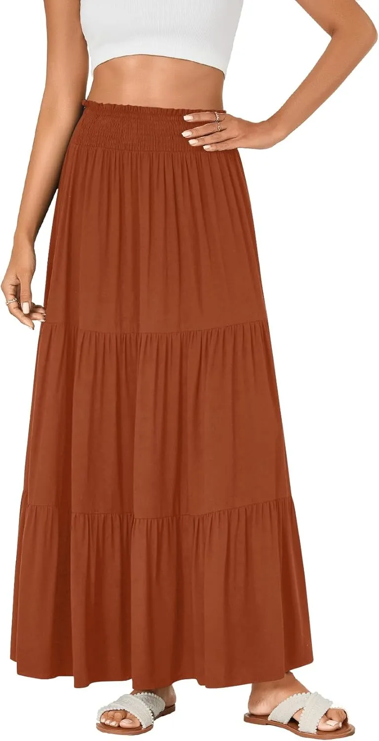 KIFOVEN Womens Maxi Skirt Summer Elastic High Waist A-Line Long Skirt Flowy Tiered Ruffle Casual Boho Midi Skirt