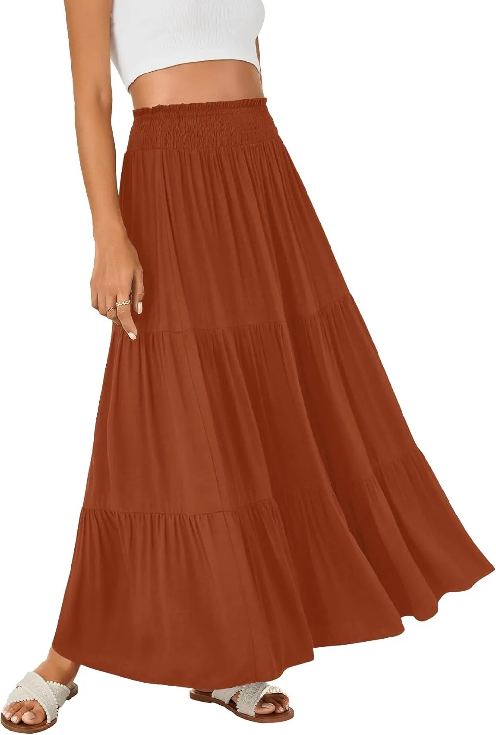 KIFOVEN Womens Maxi Skirt Summer Elastic High Waist A-Line Long Skirt Flowy Tiered Ruffle Casual Boho Midi Skirt