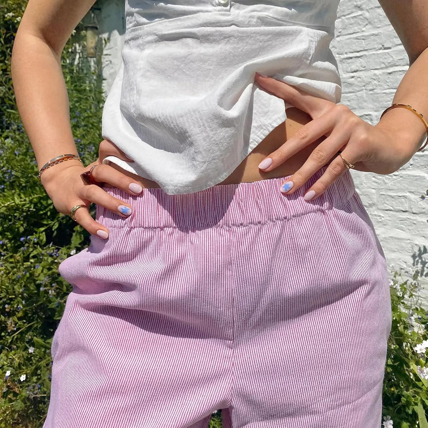 Kimydreama Women Y2k Striped Pants High Waist Drawstring Wide Leg Lounge Pants Pinstripe Pajama Pants PJ Trousers