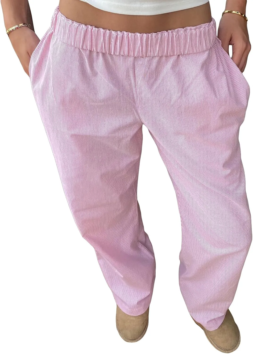 Kimydreama Women Y2k Striped Pants High Waist Drawstring Wide Leg Lounge Pants Pinstripe Pajama Pants PJ Trousers