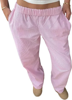 Kimydreama Women Y2k Striped Pants High Waist Drawstring Wide Leg Lounge Pants Pinstripe Pajama Pants PJ Trousers