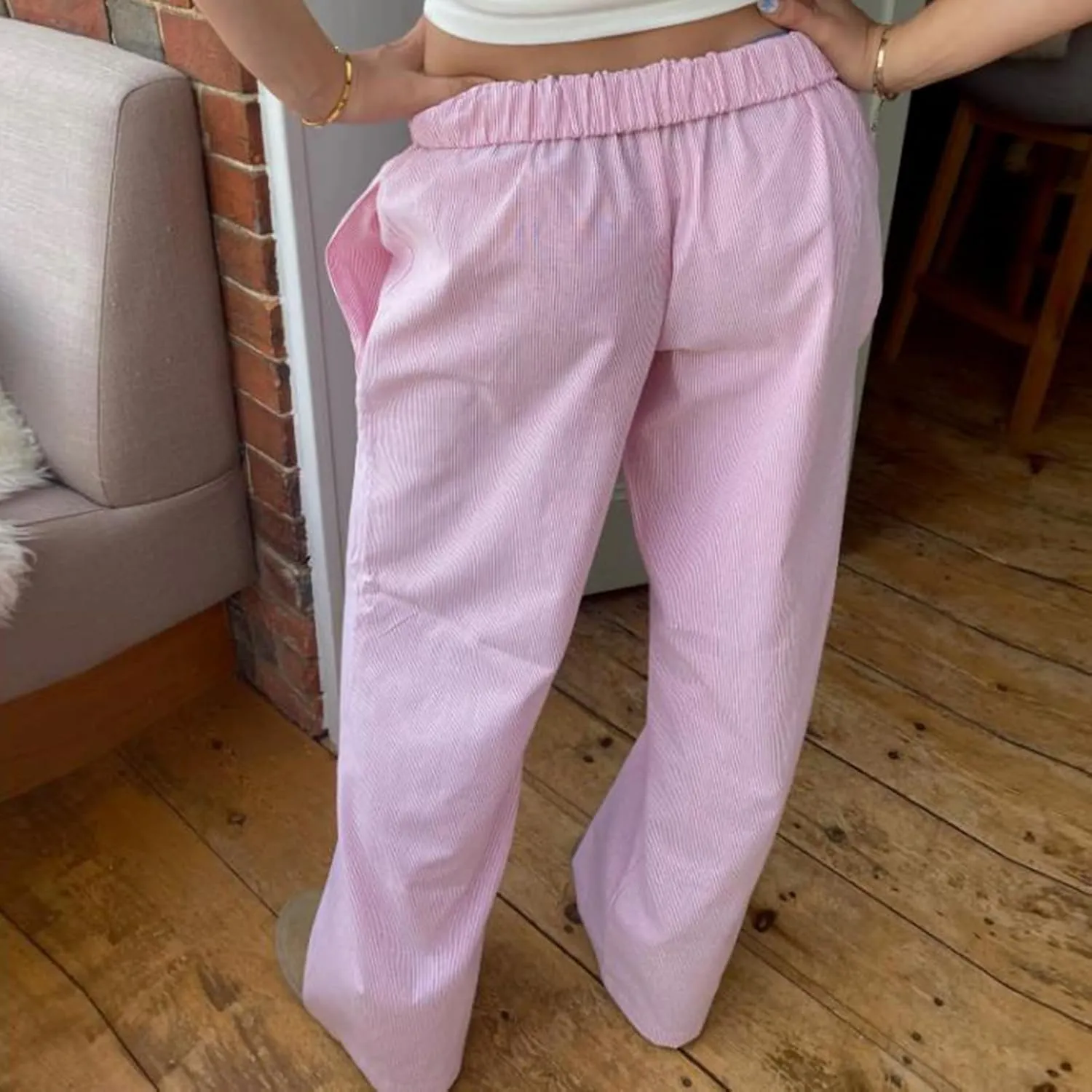 Kimydreama Women Y2k Striped Pants High Waist Drawstring Wide Leg Lounge Pants Pinstripe Pajama Pants PJ Trousers
