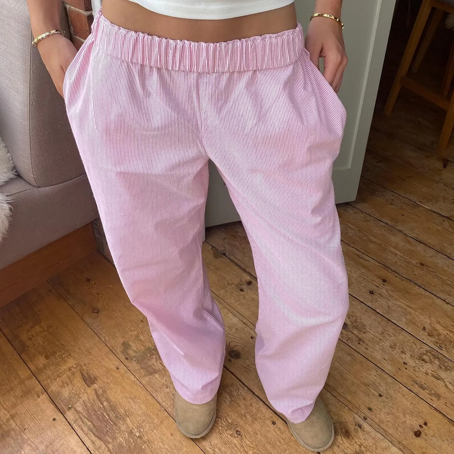 Kimydreama Women Y2k Striped Pants High Waist Drawstring Wide Leg Lounge Pants Pinstripe Pajama Pants PJ Trousers