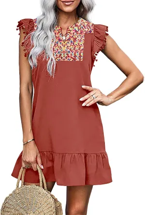 KIRUNDO Women's 2025 Summer Mini Dress Casual V Neck Floral Embroidered Ruffle Sleeveless Shift Flowy Boho Dress