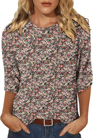 KISSMODA Women's Casual 3/4 Sleeve T-Shirts 2025 V-Neck Tunic Tops Cute Tees Blouses Loose Fit Business Work Tee Top