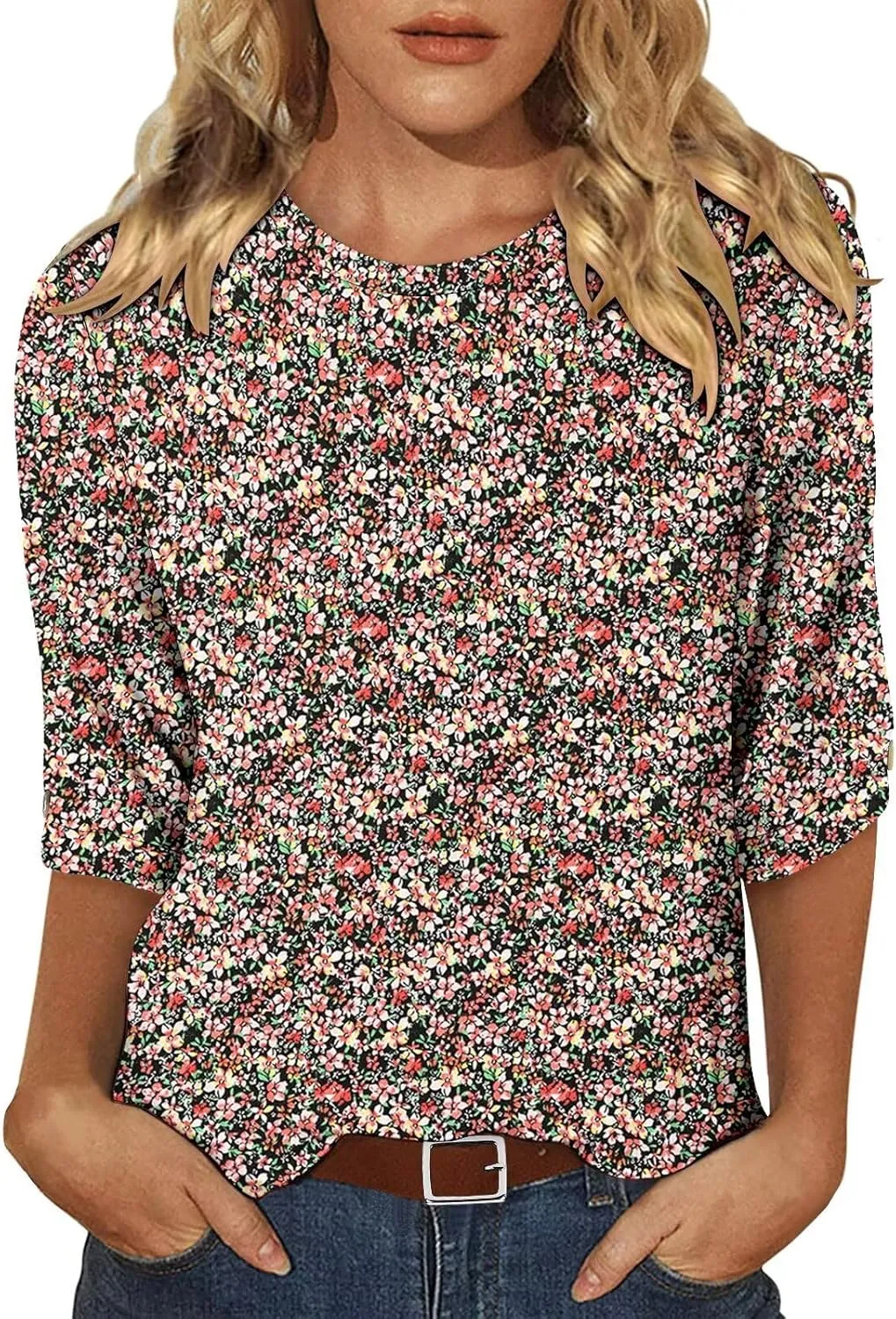 KISSMODA Women's Casual 3/4 Sleeve T-Shirts 2025 V-Neck Tunic Tops Cute Tees Blouses Loose Fit Business Work Tee Top