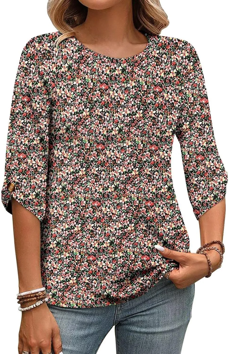 KISSMODA Women's Casual 3/4 Sleeve T-Shirts 2025 V-Neck Tunic Tops Cute Tees Blouses Loose Fit Business Work Tee Top