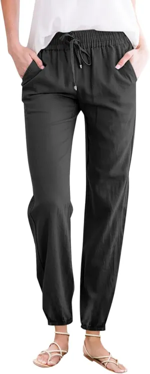 Kubbon Womens Cotton Linen Pants Casual Straight Leg Drawstring Elastic High Waist Trousers Comfy Harem Pants with Pockets