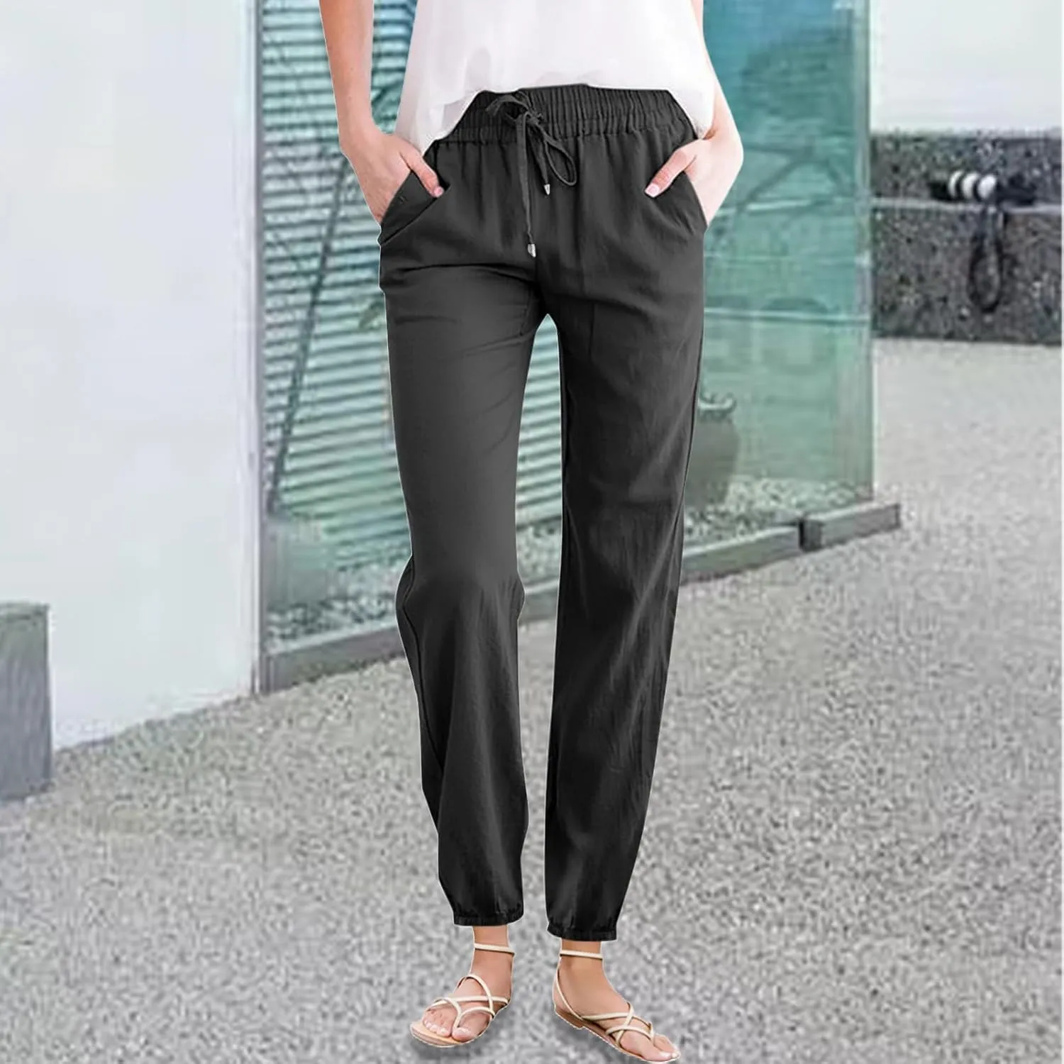 Kubbon Womens Cotton Linen Pants Casual Straight Leg Drawstring Elastic High Waist Trousers Comfy Harem Pants with Pockets