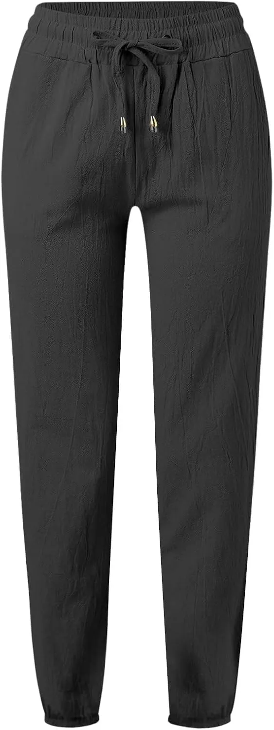 Kubbon Womens Cotton Linen Pants Casual Straight Leg Drawstring Elastic High Waist Trousers Comfy Harem Pants with Pockets