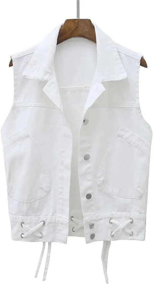 Ladies Spring Sleeveless Jacket Lapel Vest Denim Jacket Pocket Jeans Button Vest
