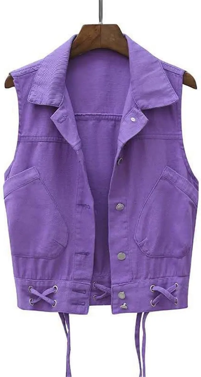 Ladies Spring Sleeveless Jacket Lapel Vest Denim Jacket Pocket Jeans Button Vest