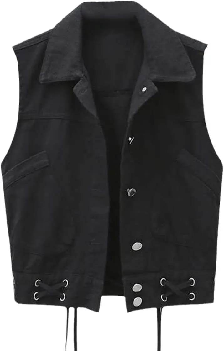 Ladies Spring Sleeveless Jacket Lapel Vest Denim Jacket Pocket Jeans Button Vest