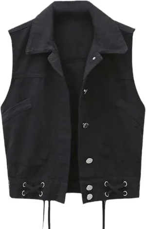 Ladies Spring Sleeveless Jacket Lapel Vest Denim Jacket Pocket Jeans Button Vest